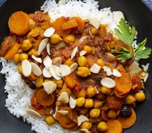 chickpea Moroccan stew with almonds and dried cherries for warming stew recipes