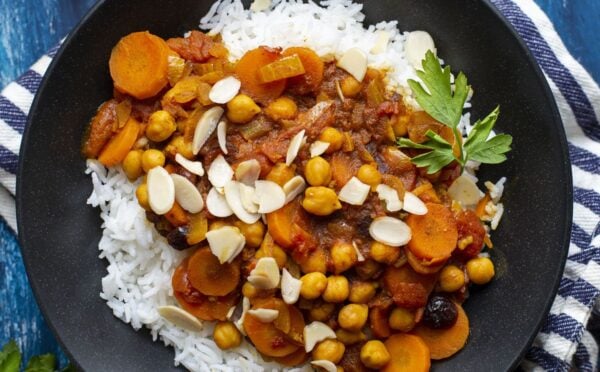 chickpea Moroccan stew with almonds and dried cherries for warming stew recipes
