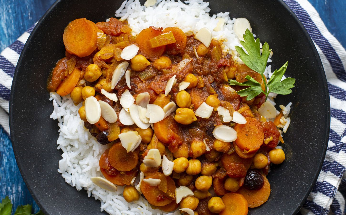 chickpea Moroccan stew with almonds and dried cherries for warming stew recipes