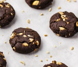 chocolate peanut cookies with almond flour, oats, nut butter, and raw peanuts