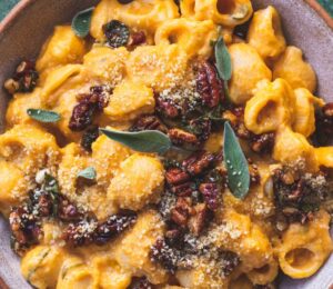 creamy pumpkin pasta made with maple sage and pecan crumble and vegan parmesan for maple syrup recipes