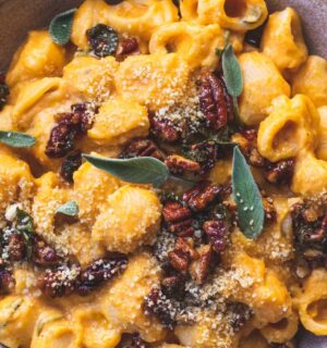 creamy pumpkin pasta made with maple sage and pecan crumble and vegan parmesan for maple syrup recipes