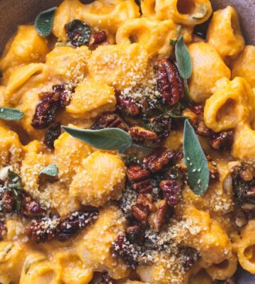 creamy pumpkin pasta made with maple sage and pecan crumble and vegan parmesan for maple syrup recipes