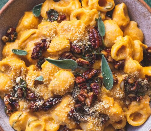 creamy pumpkin pasta made with maple sage and pecan crumble and vegan parmesan for maple syrup recipes