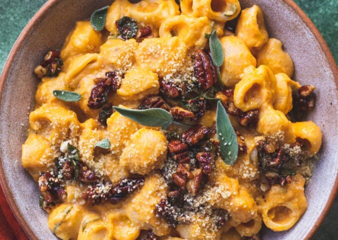 creamy pumpkin pasta made with maple sage and pecan crumble and vegan parmesan for maple syrup recipes