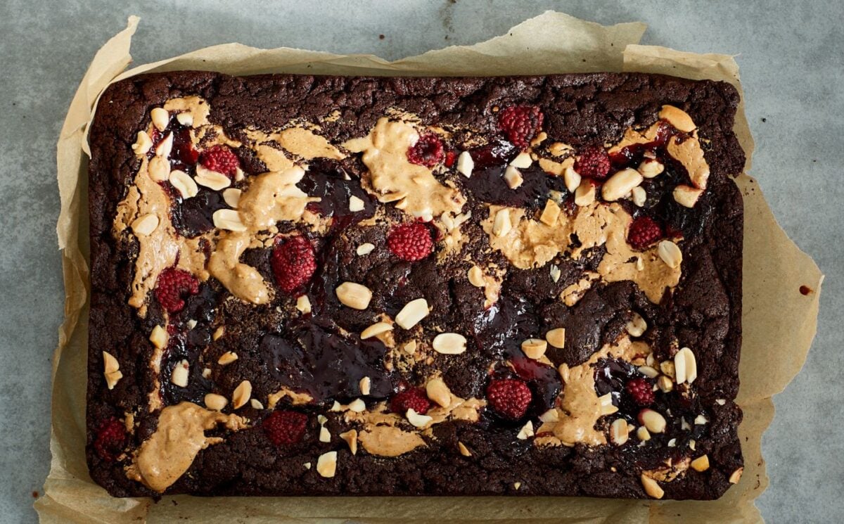vegan chocolate brownies loaded with peanut butter and raspberry jam for brownie recipes