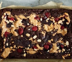vegan chocolate brownies loaded with peanut butter and raspberry jam for brownie recipes
