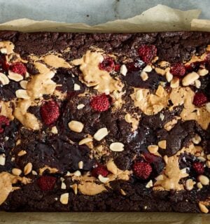 vegan chocolate brownies loaded with peanut butter and raspberry jam for brownie recipes