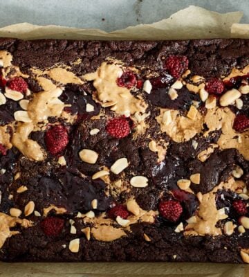 vegan chocolate brownies loaded with peanut butter and raspberry jam for brownie recipes