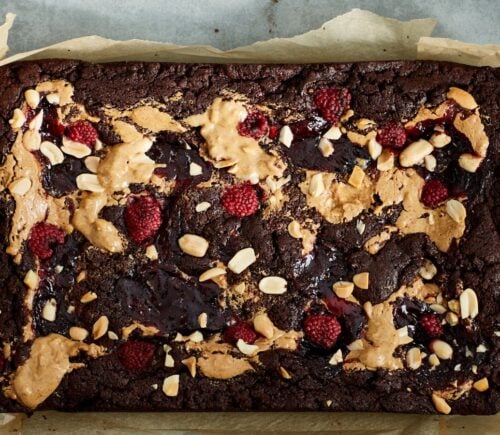 vegan chocolate brownies loaded with peanut butter and raspberry jam for brownie recipes