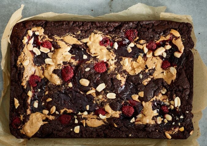 vegan chocolate brownies loaded with peanut butter and raspberry jam for brownie recipes