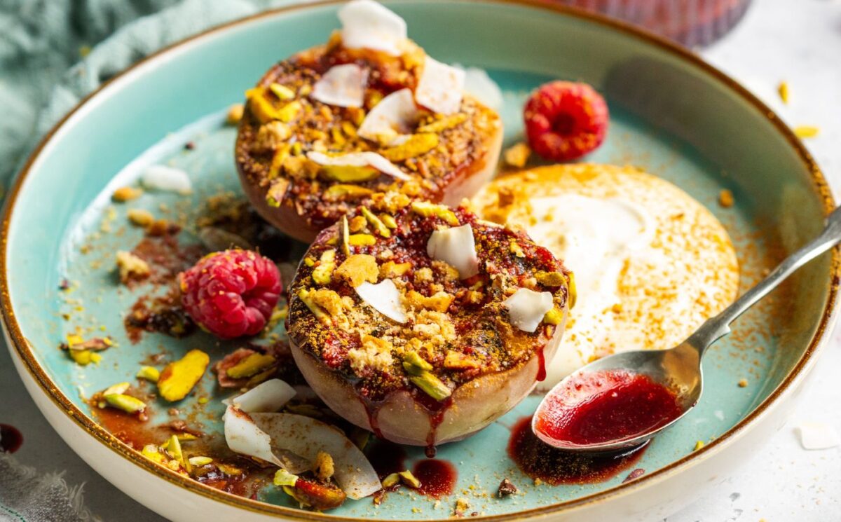 Vegan grilled peaches with a cream and biscuit topping for maple syrup recipes