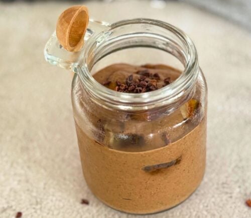 a gluten-free and vegan high fiber chocolate mousse with avocado and dates