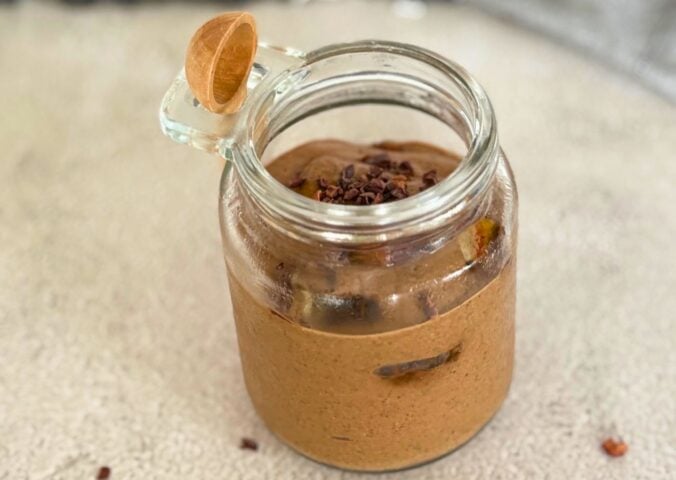 a gluten-free and vegan high fiber chocolate mousse with avocado and dates