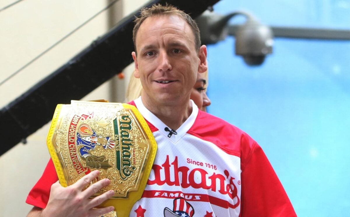 Photo shows competitive eater Joe Chestnut, who is sponsored by Impossible Foods, the creator of the Impossible "Chicken" Nugget
