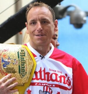 Photo shows competitive eater Joe Chestnut, who is sponsored by Impossible Foods, the creator of the Impossible "Chicken" Nugget