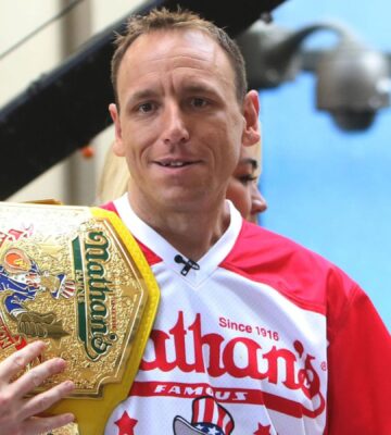 Photo shows competitive eater Joe Chestnut, who is sponsored by Impossible Foods, the creator of the Impossible "Chicken" Nugget