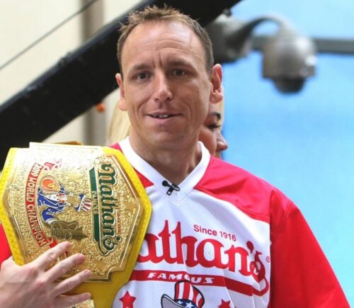 Photo shows competitive eater Joe Chestnut, who is sponsored by Impossible Foods, the creator of the Impossible "Chicken" Nugget