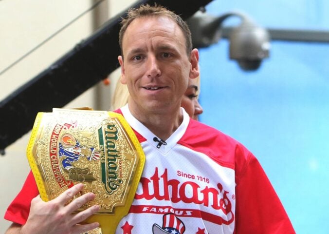 Photo shows competitive eater Joe Chestnut, who is sponsored by Impossible Foods, the creator of the Impossible "Chicken" Nugget