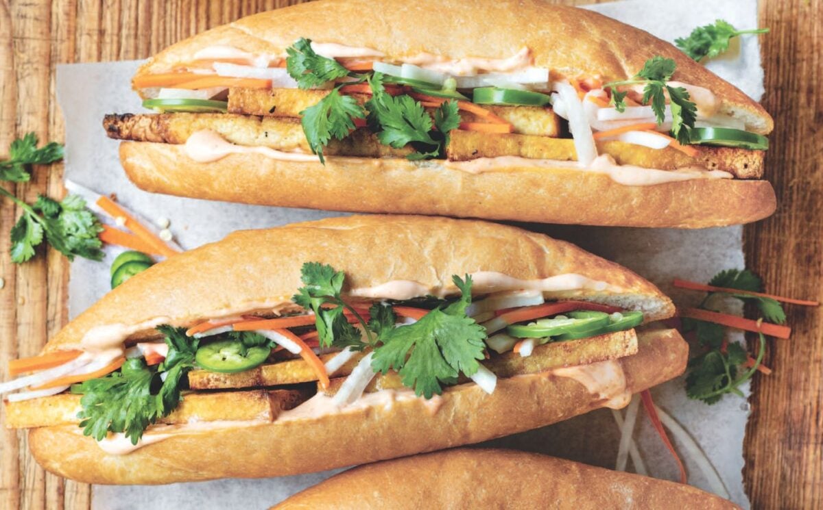 photo shows a lemongrass tofu bánh mì