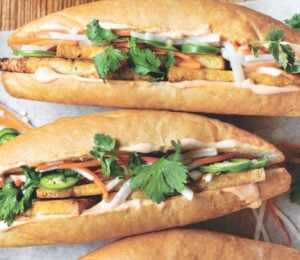 photo shows a lemongrass tofu bánh mì