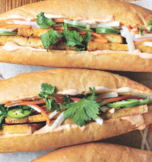 photo shows a lemongrass tofu bánh mì