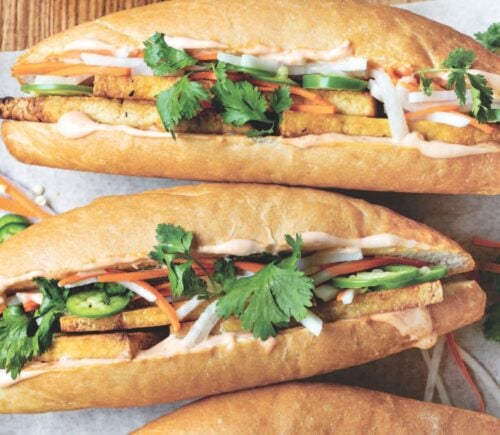 photo shows a lemongrass tofu bánh mì