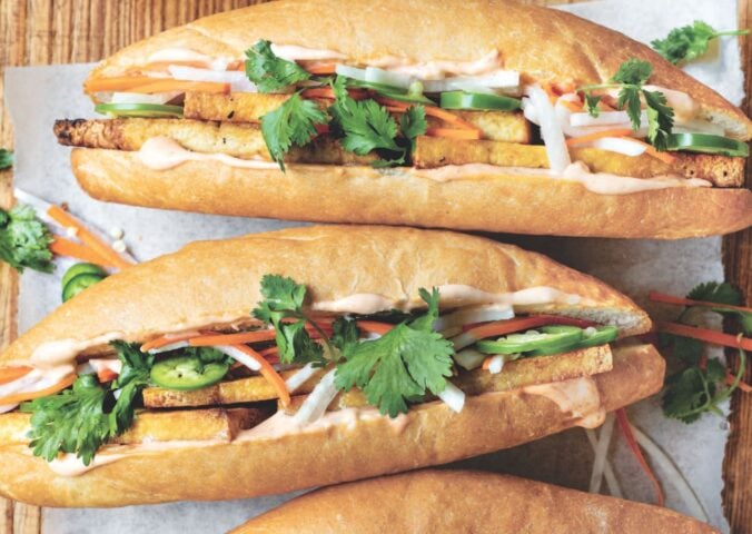photo shows a lemongrass tofu bánh mì