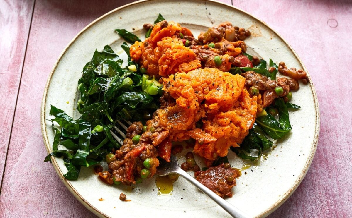 lentil and sweet potato cottage pie served with stir-fried greens