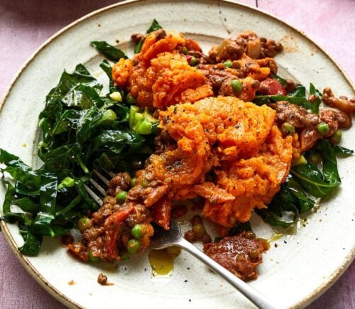 lentil and sweet potato cottage pie served with stir-fried greens