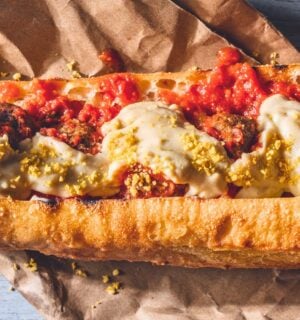 a vegan meatball parmigiana hero with cashew mozzarella, lentil meatballs, and basil