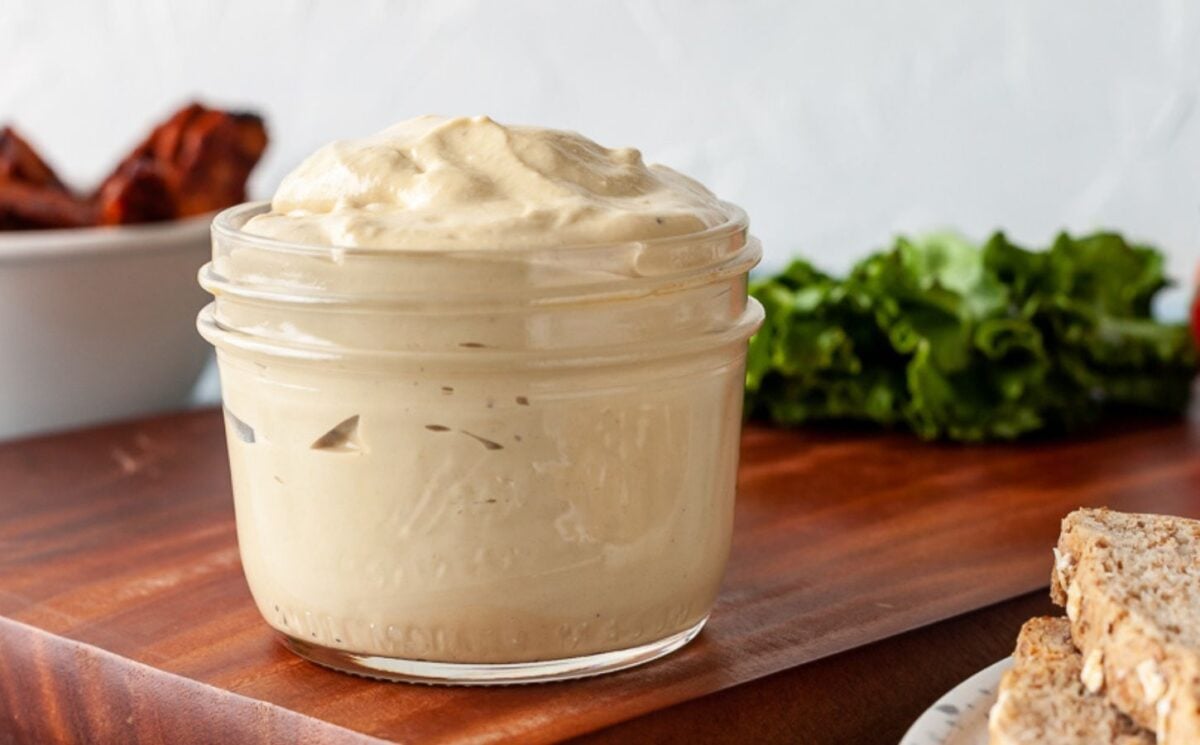 a picture of vegan oil-free mayo made from cashew nuts and seasonings for homemade dressings, sauces, and condiments