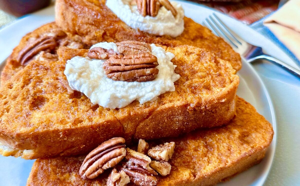oven-baked French toast with pumpkin batter, coconut whipped cream, cinnamon and pecans for maple syrup recipes