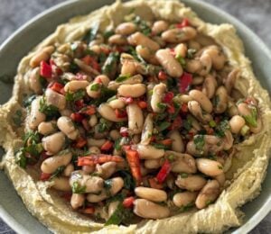 pomegranate molasses bean salad with creamy hummus