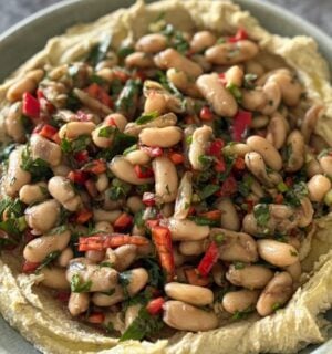 pomegranate molasses bean salad with creamy hummus