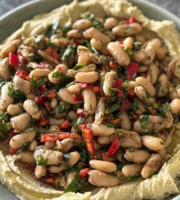 pomegranate molasses bean salad with creamy hummus