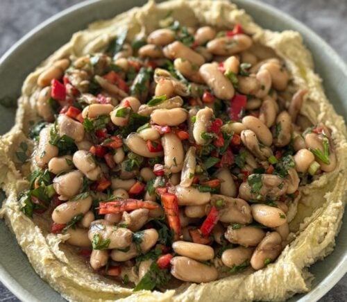 pomegranate molasses bean salad with creamy hummus