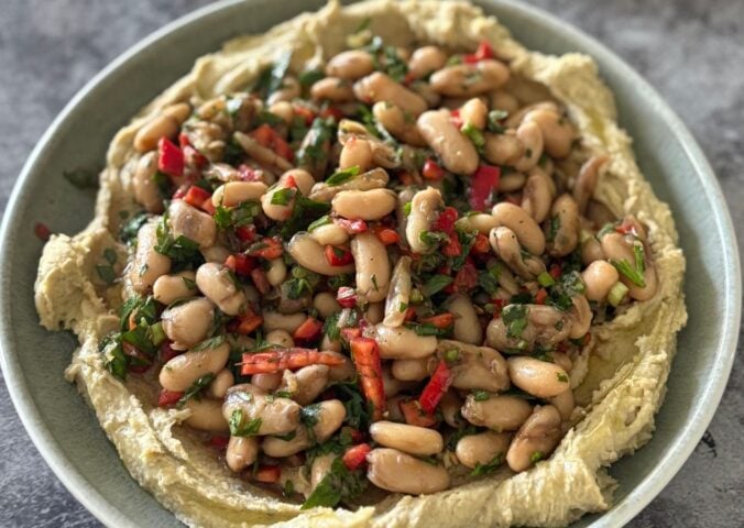 pomegranate molasses bean salad with creamy hummus