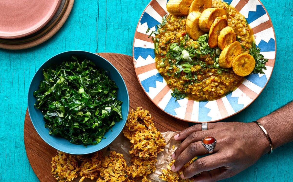 red lentil dhal with parsnip fritters and green vegetables