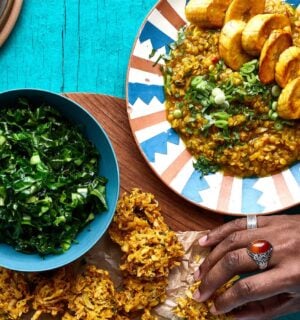 red lentil dhal with parsnip fritters and green vegetables