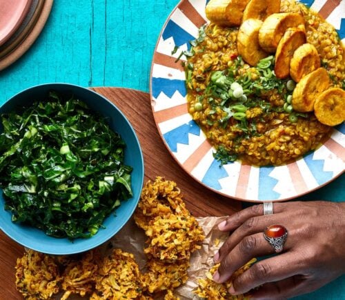 red lentil dhal with parsnip fritters and green vegetables