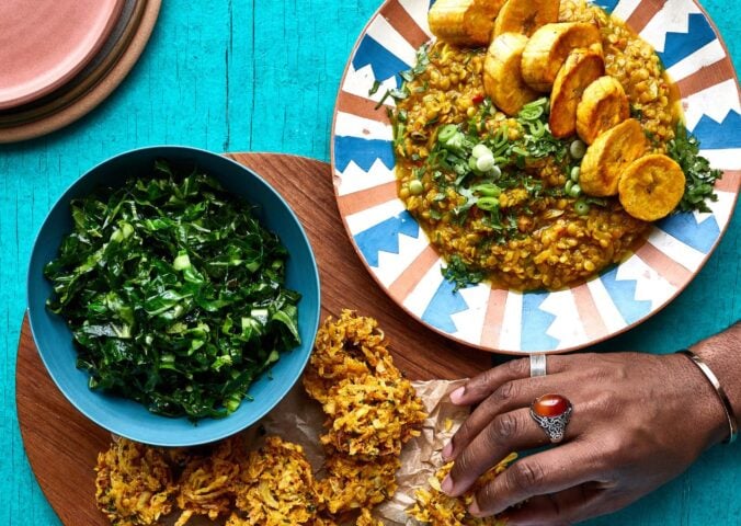 red lentil dhal with parsnip fritters and green vegetables