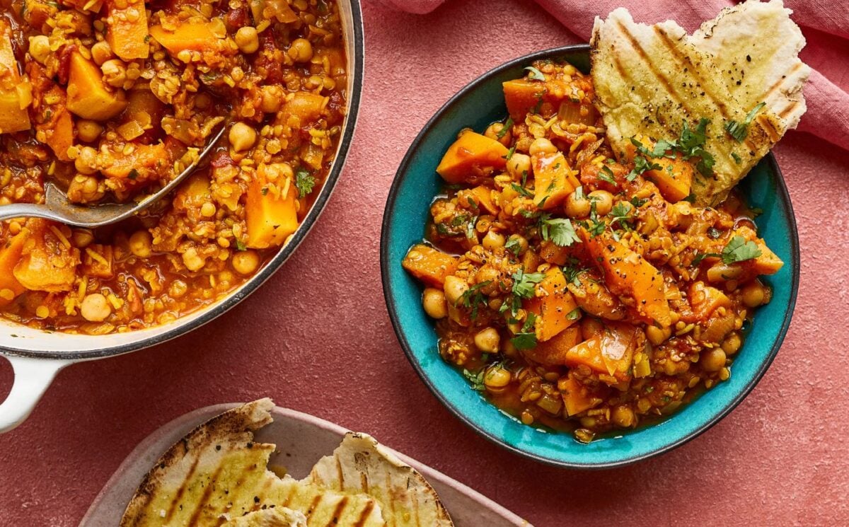 squash, lentil, and apricot one-pot stew with chickpeas, spices, and basmati rice