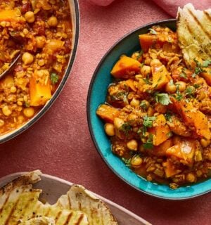 squash, lentil, and apricot one-pot stew with chickpeas, spices, and basmati rice