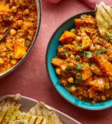 squash, lentil, and apricot one-pot stew with chickpeas, spices, and basmati rice