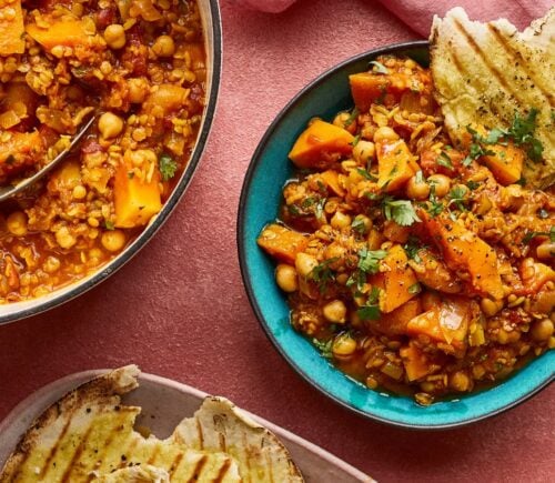squash, lentil, and apricot one-pot stew with chickpeas, spices, and basmati rice