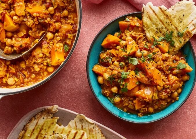 squash, lentil, and apricot one-pot stew with chickpeas, spices, and basmati rice
