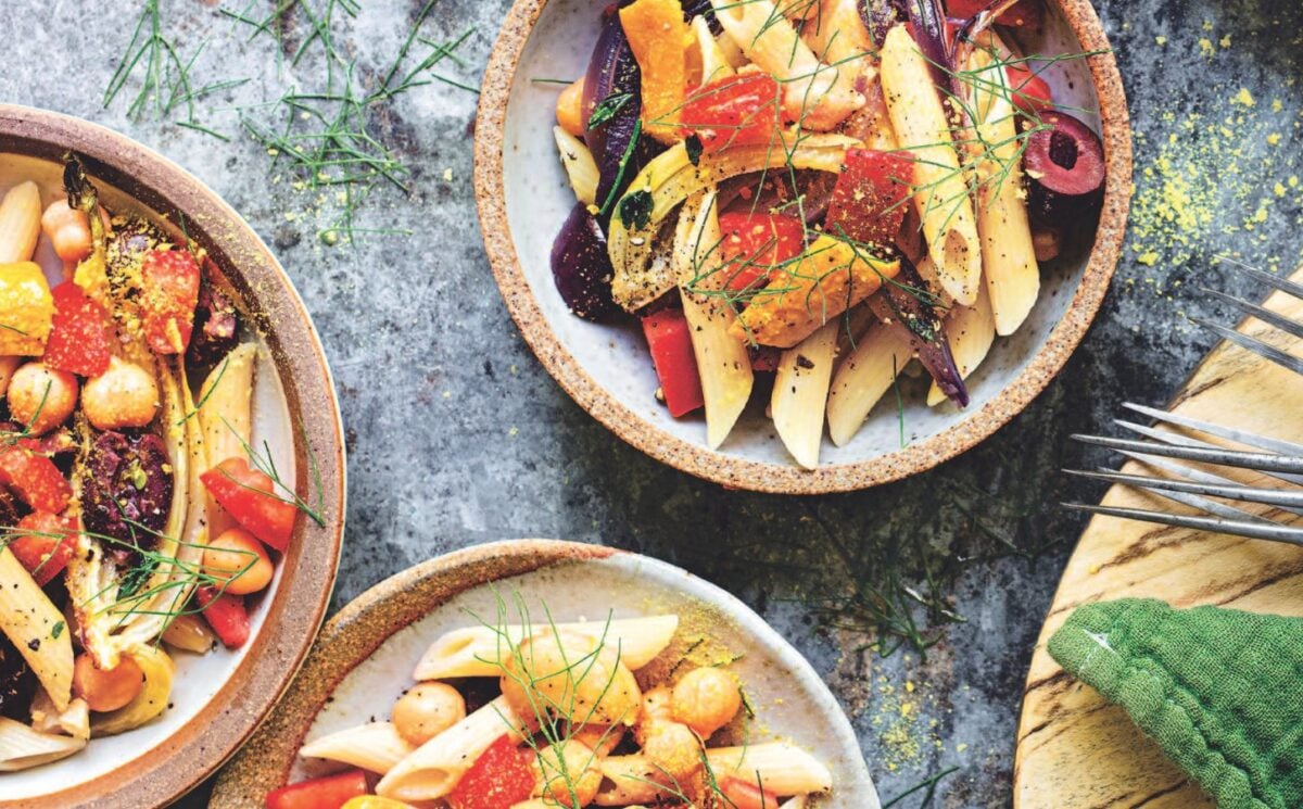 roasted summer veggie penne with chickpeas with yellow squash, garlic, and olives
