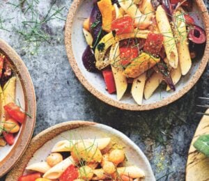 roasted summer veggie penne with chickpeas with yellow squash, garlic, and olives