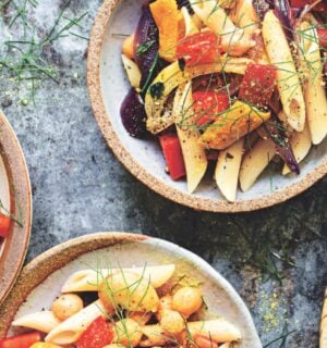 roasted summer veggie penne with chickpeas with yellow squash, garlic, and olives